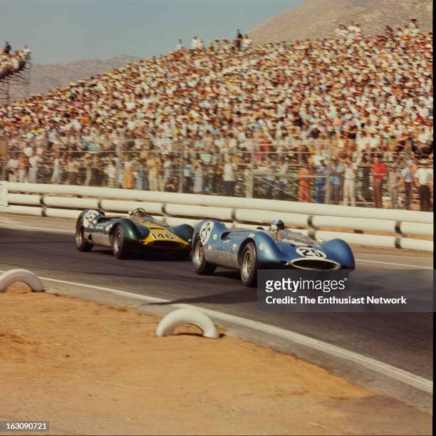 Times Grand Prix - Riverside. Augie Pabst of John Mecom racing drives his Chevrolet powered Genie Mk.10 in front of the Genie Mk.8 of Dave Ridenour.