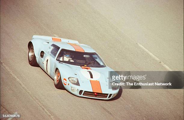 Daytona 24 Hour Race. Jacky Ickx and Jackie Oliver of John Wyer Automotive Engineering drive their Gulf-Ford GT40. Despite starting the race 8th on...