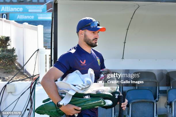 Aiden Markram of South Africa during the South Africa national men's cricket team training session at Hollywoodbets Kingsmead Stadium on August 29,...