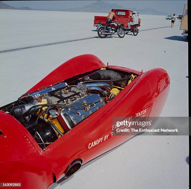 Bonneville National Speed Trials. Hammon-McGrath-Appenfels "Redhead" with the engine cowling removed to expose the supercharged Hemi powerplant...