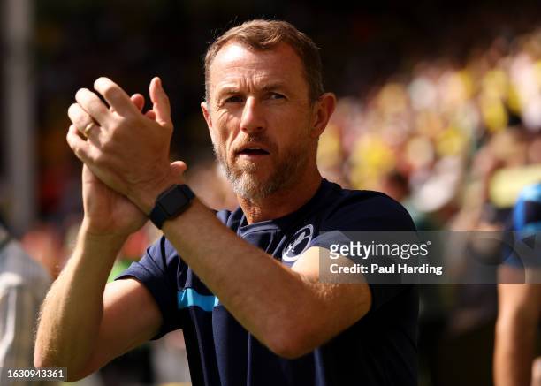 Gary Rowett, Manager of Millwall looks on during the Sky Bet Championship match between Norwich City and Millwall at Carrow Road on August 20, 2023...