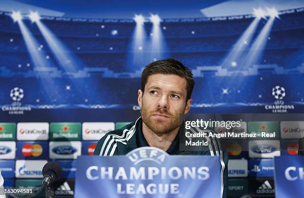 Xabi Alonso of Real Madrid attends a press conference on the eve of their UEFA Champions League Round of 16 match against Manchester United at Old...