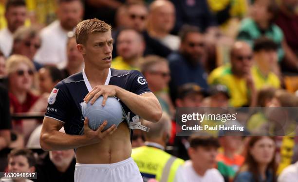 Zian Flemming of Millwall looks on during the Sky Bet Championship match between Norwich City and Millwall at Carrow Road on August 20, 2023 in...