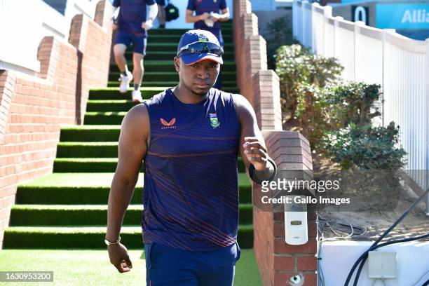 Lungi Ngidi of South Africa during the South Africa national men's cricket team training session at Hollywoodbets Kingsmead Stadium on August 29,...