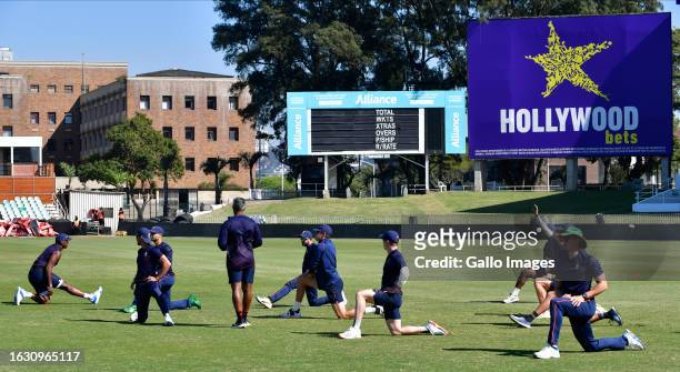 Players during the South Africa national men's cricket team training session at Hollywoodbets Kingsmead Stadium on August 29, 2023 in Durban, South...