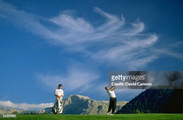 Scott Hoch of the USA drives down the fairway during the Canon European Masters at the Crans Sur Sierre Golf Club in Switzerland. \ Mandatory Credit:...