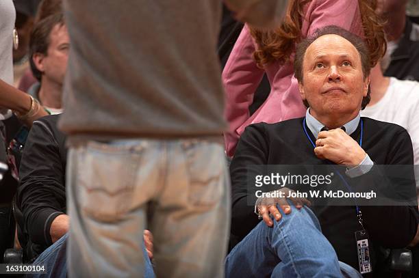 Celebrity actor and Los Angeles Clippers fan Billy Crystal sitting courtside during game vs San Antonio Spurs at Staples Center. Los Angeles, CA...