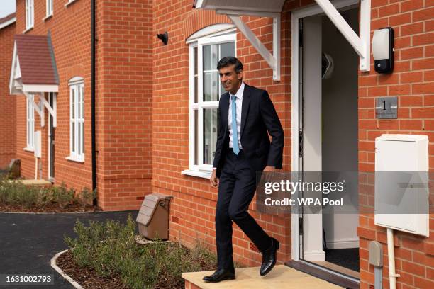 Prime Minister Rishi Sunak during a visit to the Taylor Wimpey Heather Gardens housing development on August 29, 2023 in Norwich, Norfolk, England.