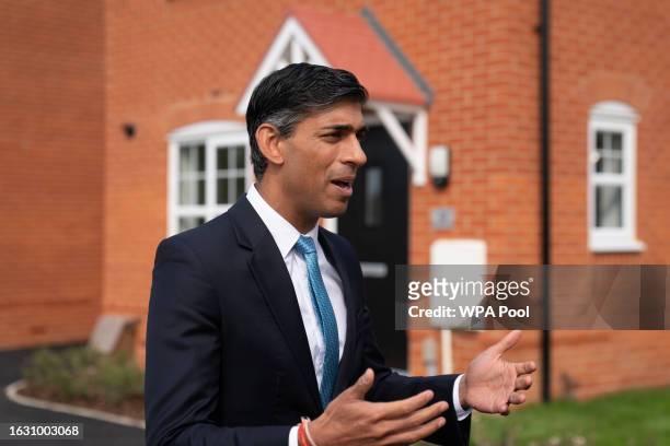 Prime Minister Rishi Sunak during a visit to the Taylor Wimpey Heather Gardens housing development on August 29, 2023 in Norwich, Norfolk, England.