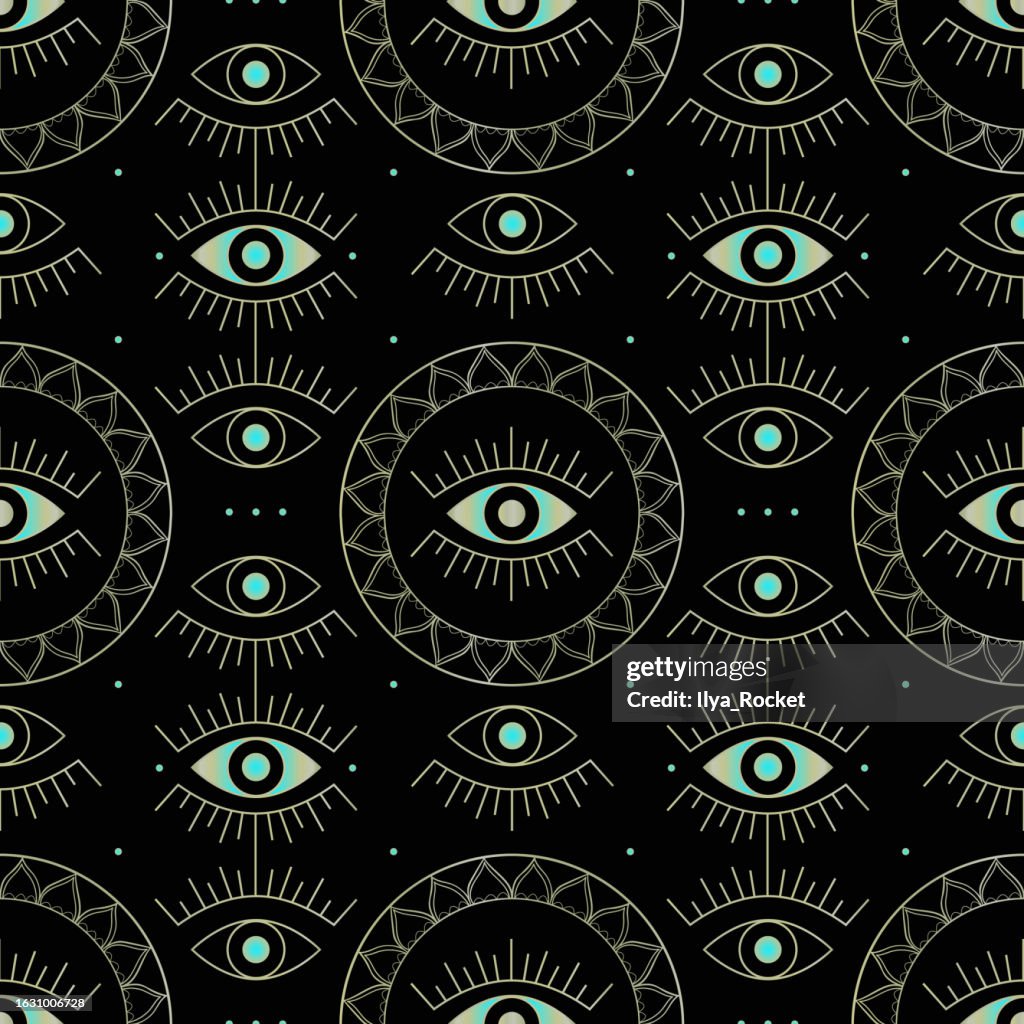 Evil Pattern Background Seamless Pattern With Golden Evil Eyes Vector Illustration On Black ...