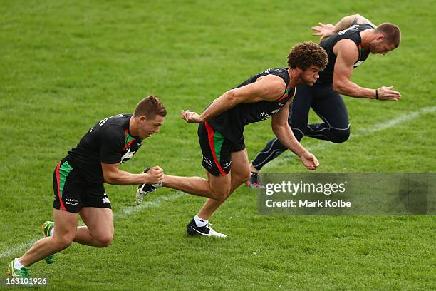 Matt King sprints during a South Sydney Rabbitohs NRL training session at Redfern Oval on March 5, 2013 in Sydney, Australia.