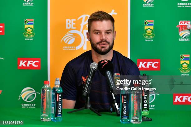 Aiden Markram of South Africa during the South Africa national men's cricket team captains press conference at Hollywoodbets Kingsmead Stadium on...