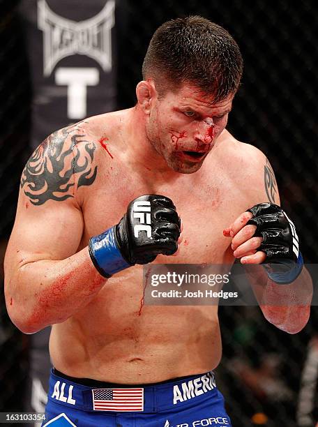 Brian Stann stands in the Octagon during his light heavyweight fight against Wanderlei Silva during the UFC on FUEL TV event at Saitama Super Arena...