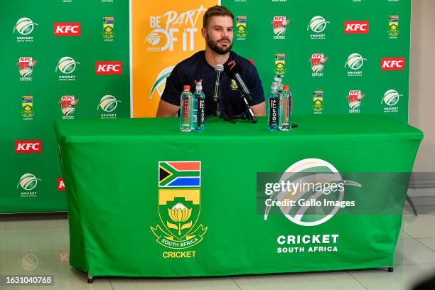 Aiden Markram of South Africa during the South Africa national men's cricket team captains press conference at Hollywoodbets Kingsmead Stadium on...