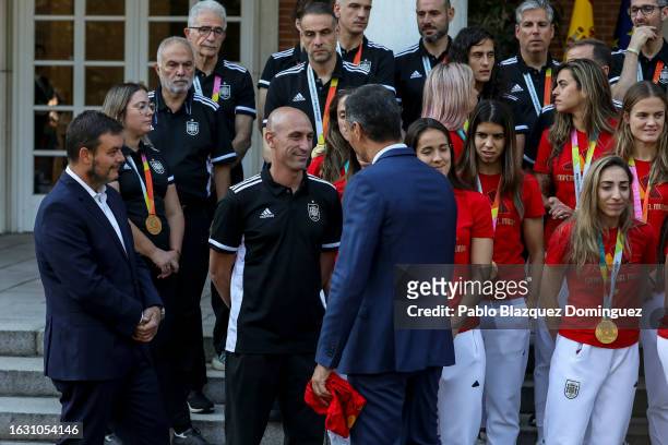 Spanish Prime Minister Pedro Sanchez speaks to the Spanish FA president Luis Rubiales during a reception for the Spanish women’s national football...