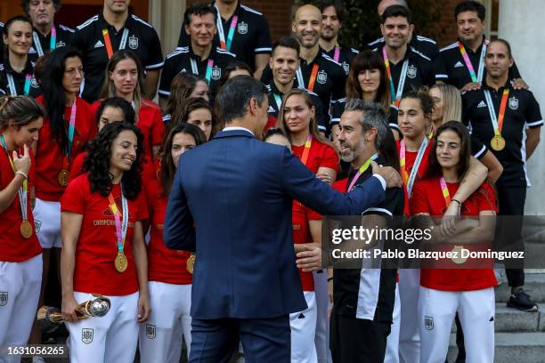 Spanish Prime Minister Pedro Sanchez speaks to Head Coach Jorge Vilda during a reception for the Spanish women’s national football team at Moncloa...