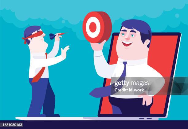 blindfolded businessman holding dart with partner holding bullseye on laptop - working on two computers stock illustrations