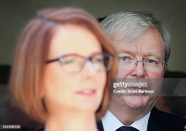 Prime Minister of Australia Julia Gillard and former Prime Minister of Australia Kevin Rudd look on as they leave the State Funeral for former...