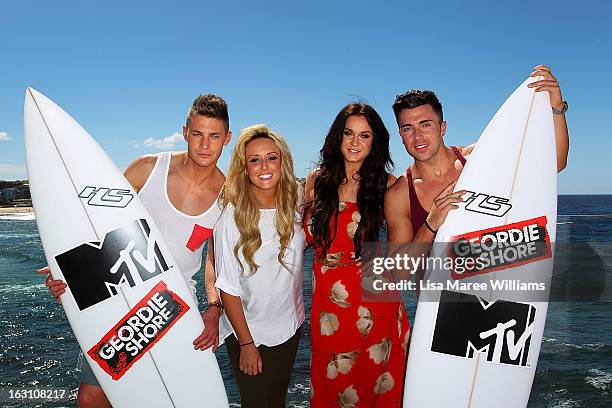 Scott Timlin, Charlotte Letitia Crosby, Vicky Pattison and James Tindale of UK reality TV series, Geordie Shore, pose for a photo at Bondi Beach on...