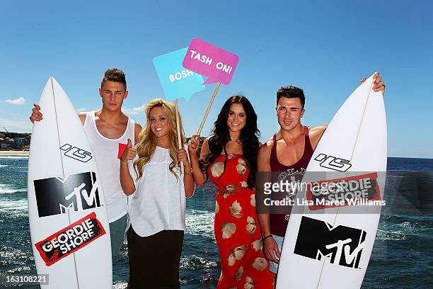 Scott Timlin, Charlotte Letitia Crosby, Vicky Pattison and James Tindale of UK reality TV series, Geordie Shore, pose for a photo at Bondi Beach on...