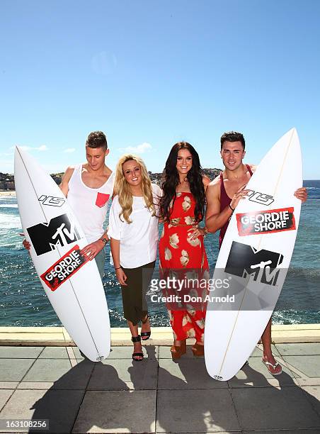 Scott Timlin,Charlotte Letitia Crosby, Vicky Pattison and James Tindale, of UK reality TV series Geordie Shore, pose for a photo at Bondi Beach on...