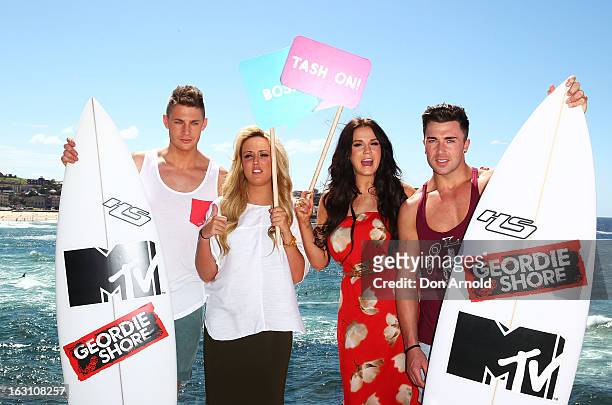 Scott Timlin,Charlotte Letitia Crosby, Vicky Pattison and James Tindale, of UK reality TV series Geordie Shore, pose for a photo at Bondi Beach on...