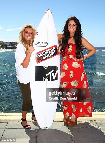 Charlotte Letitia Crosby and Vicky Pattison, of UK reality TV series, Geordie Shore, poses for a photo at Bondi Beach on March 5, 2013 in Sydney,...