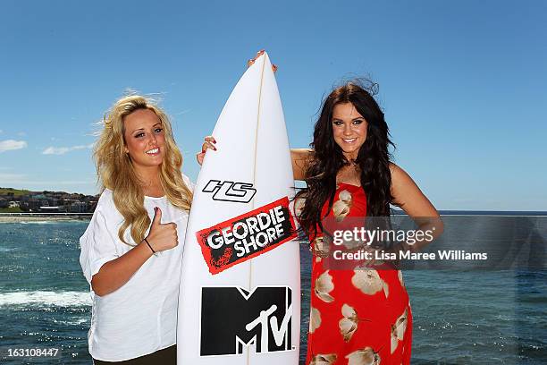 Charlotte Letitia Crosby and Vicky Pattison of UK reality TV series, Geordie Shore, pose for a photo at Bondi Beach on March 5, 2013 in Sydney,...