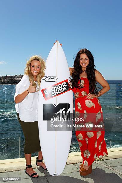 Charlotte Letitia Crosby and Vicky Pattison of UK reality TV series, Geordie Shore, poses for a photo at Bondi Beach on March 5, 2013 in Sydney,...