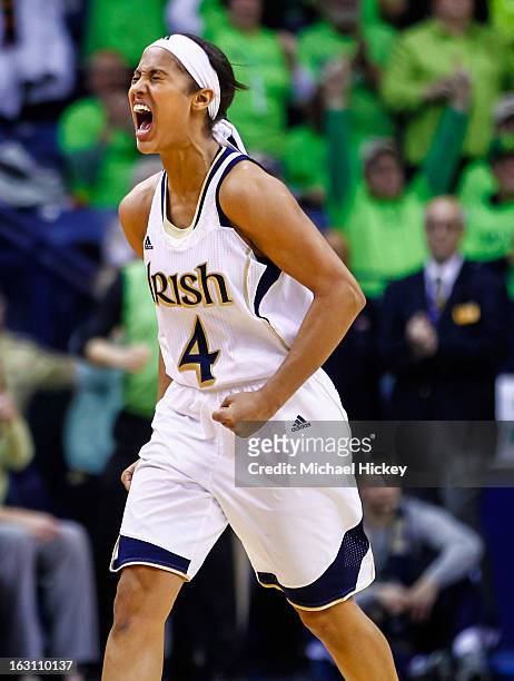 Skylar Diggins of the Notre Dame Fighting Irish reacts in the closing minutes against the Connecticut Huskies at Purcel Pavilion on March 4, 2013 in...