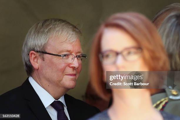 Prime Minister of Australia Julia Gillard and former Prime Minister of Australia Kevin Rudd look on as they leave the State Funeral for former...
