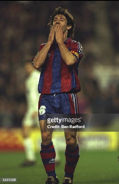 Jose Maria Bakero of Barcelona holds his hands to his face during a Spanish League match against Real Madrid at the Nou Camp Stadium in Barcelona,...