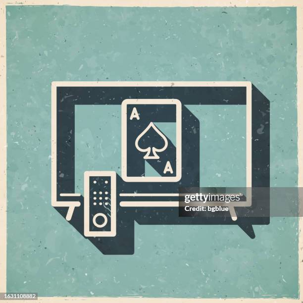 tv with playing card. icon in retro vintage style - old textured paper - blackjack stock illustrations
