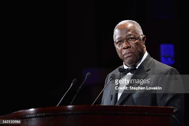 Baseball Hall of Famer Hank Aaron speaks onstage at the The Jackie Robinson Foundation Annual Awards' Dinner at the Waldorf Astoria Hotel on March 4,...