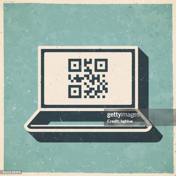 ilustrações de stock, clip art, desenhos animados e ícones de laptop with qr code. icon in retro vintage style - old textured paper - papers scanning to digital vector