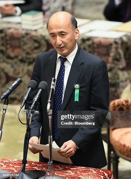 Hiroshi Nakaso, assistant governor and executive director of the Bank of Japan and nominee for second deputy governor of the BOJ, speaks during a...
