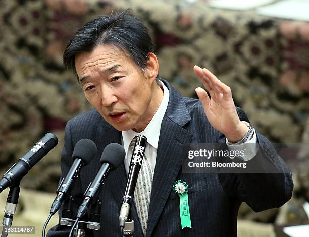 Kikuo Iwata, professor of economics at Gakushuin University and nominee for deputy governor of the Bank of Japan , speaks during a confirmation...