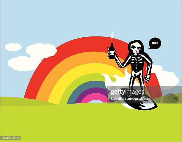 skeleton creature surfing a bright rainbow (psychedelic) - human skeleton ground stock illustrations