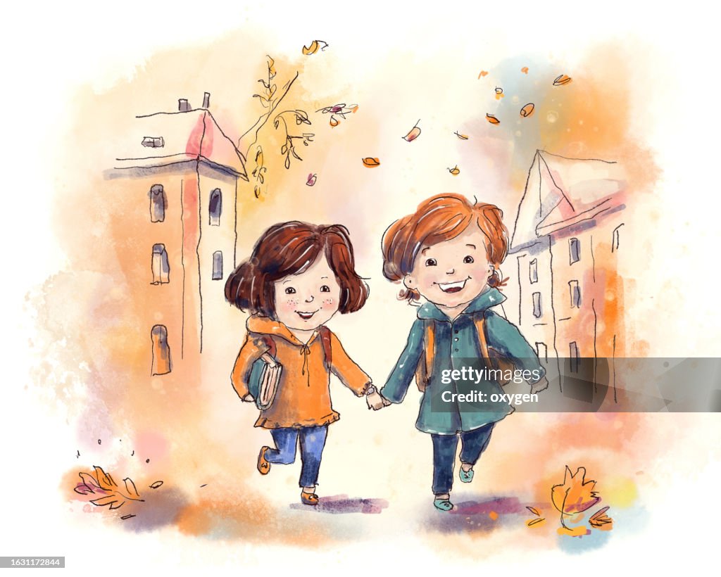 Funny Two children run to School in the Autumn City Day. Back to School Theme. Digital Watercolor Sketch Illustration on White Background