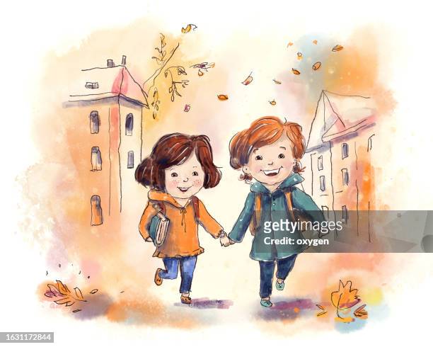 funny two children run to school in the autumn city day. back to school theme. digital watercolor sketch illustration on white background - fall harvest stock pictures, royalty-free photos & images