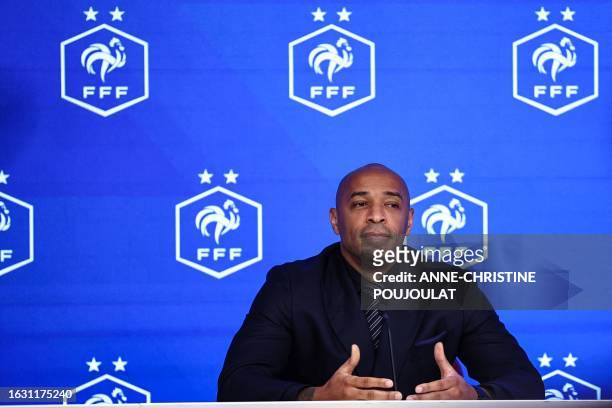 Former French football player and newly appointed France U21 head coach Thierry Henry delivers a press conference at the French Football Federation...