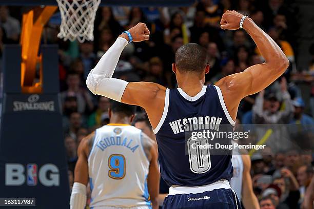 Russell Westbrook of the Oklahoma City Thunder reacts following a play against the Denver Nuggets at the Pepsi Center on March 1, 2013 in Denver,...
