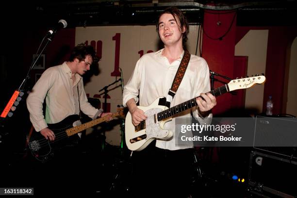 Chilli Jesson and Sam Fryer of Palma Violets perform on stage at The 100 Club on March 4, 2013 in London, England.