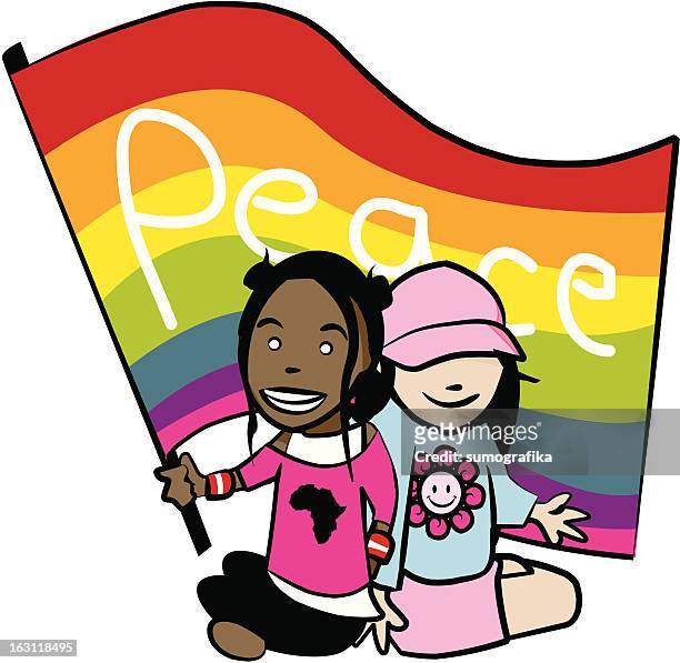 rainbow kids [ flower child + peace for all ] - peaceful demonstration stock illustrations