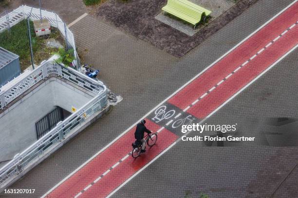 Cyclist is pictured from above on August 29, 2023 in Berlin, Germany.