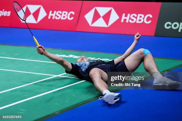 Wang Tzu Wei of Chinese Taipei celebrates the victory in the Men's Singles Second Round match against Lu Guangzu of China on day two of the BWF World...