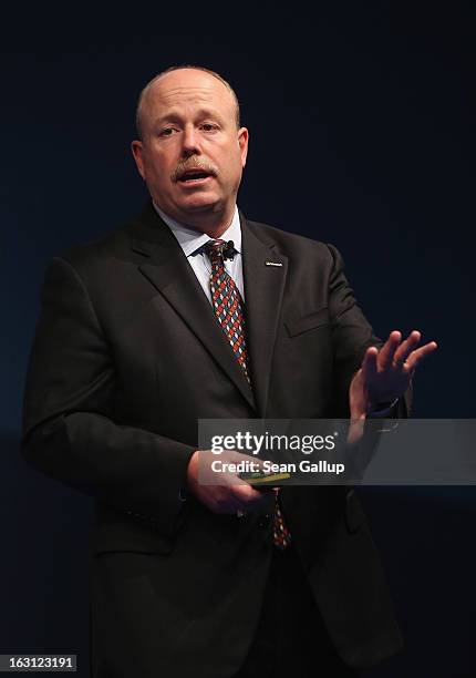 Brian Kevin Turner, Chief Operating Officer of Microsoft, delivers a keynote speech at the 2013 CeBIT technology trade fair on March 5, 2013 in...