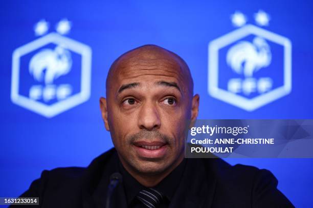 Former French football player and newly appointed France U21 head coach Thierry Henry delivers a press conference at the French Football Federation...