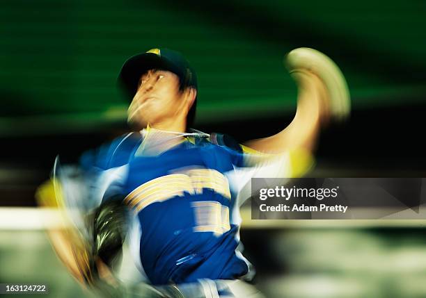 Pitcher Oscar Nakaoshi of Brazil pitches during the World Baseball Classic First Round Group A game between China and Brazil at Fukuoka Yahoo! Japan...