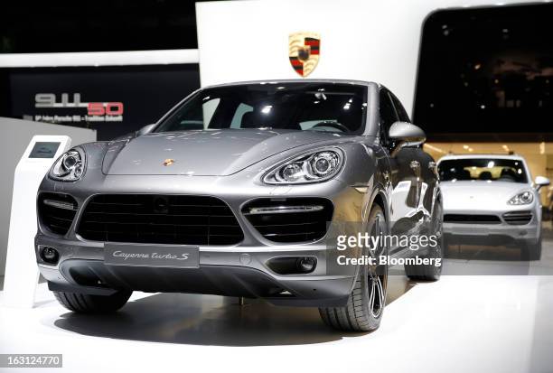 Porsche Cayenne turbo S automobile, produced by Porsche SE, is seen on display on the first day of the 83rd Geneva International Motor Show in...